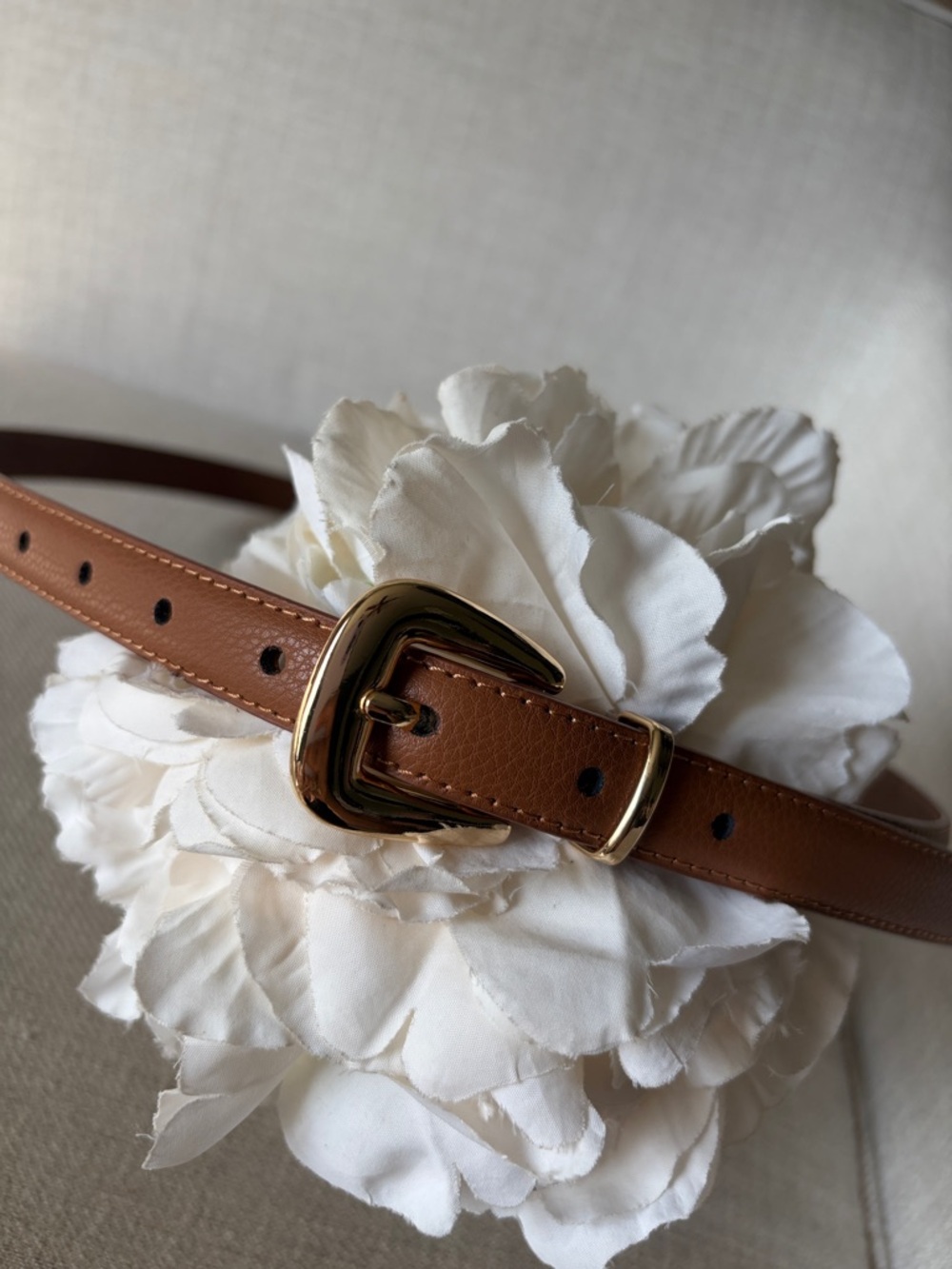 Jason Wu Size Large Cognac Leather Skinny Belt with Gold Buckle
